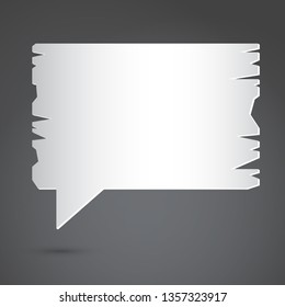 White cracked speech bubble with shadow is on dark grey background. Vector Illustration.