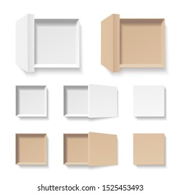 White And Craft Open Boxes Set. Empty Cardboard Container Template. 3d Top View Isolated Illustration, Transporented Shadows. Blank Space Inside Recycle Pakage Mockup. Closeup Realistic Vector Object.