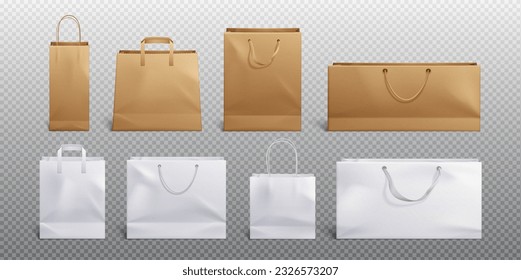 White and craft paper bag and handle vector mockup. Shopping package mock up to carry food front view icon merchandising design collection. 3d retail reusable branding merchandise illustration