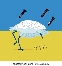 White crane goes under the bombs.  Blue and yellow colors of flag of Ukraine. Vector illustration. Save Ukraine concept.