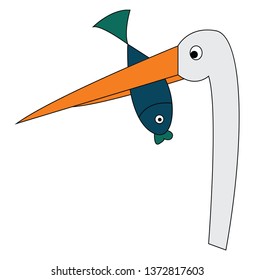 Una grúa blanca con un cuello largo y una larga encrucijada naranja sosteniendo un pez verde en su dibujo de color vectorial de pico o ilustración 