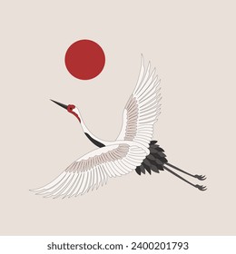 White crane, stork on a background with the moon. Retro style poster, postcard, vector