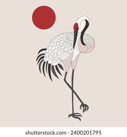 White crane, stork on a background with the moon. Retro style poster, postcard, vector