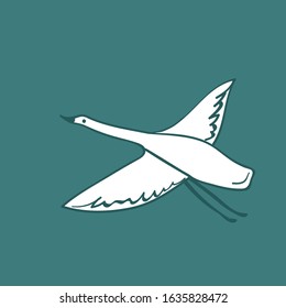 white crane swan, heron bird fly, green blue turquoise sky, simple lines doodle hand drawing scandinavian style background. trend of the season. Vector 