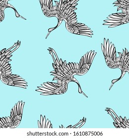 White cranesa seamless pattern with japanese bird. Vector traditional folk fashion ornament on 
blue background. - Vector