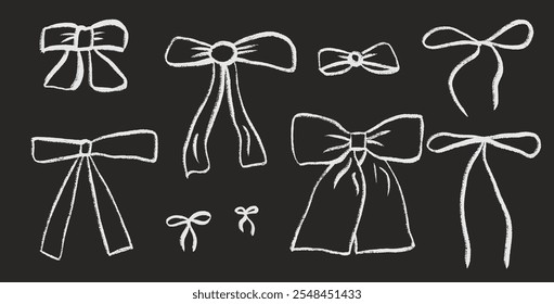 White crayon bows. Coquette ribbons set in doodle style. Chalk drawing bowknots isolated on dark background. Vector illustration.