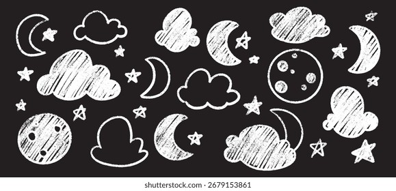 White crayon cloud, moon and star sketches with chalk texture on black background for night sky illustration. Celestial doodles of crescents, sparkles and fluffy cumulus. Dreamy astronomical elements