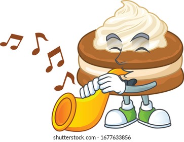 White cream alfajor cartoon character playing music with a trumpet