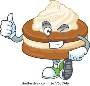 White cream alfajor cartoon character making Thumbs up finger