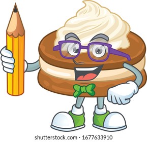 White cream alfajor clever student character using a pencil