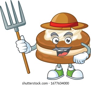 White cream alfajor in Farmer mascot design with hat and pitchfork