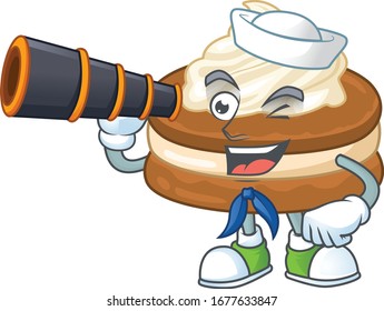 White cream alfajor in Sailor cartoon character design with binocular