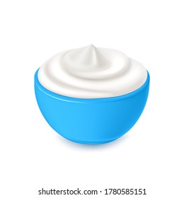 White cream in blue bowl, yoghurt, mayonnaise or sour cream, vector dairy products, element for design and packaging.