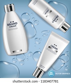 White cream bottles and water drops background Vector realistic. Product placement mock up. Detailed 3d label design