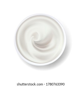 White cream in a bowl, yogurt, mayonnaise or sour cream, vector dairy products, element for design and packaging.