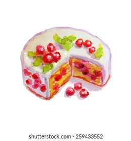 White cream cake with fresh red berries. Isolated