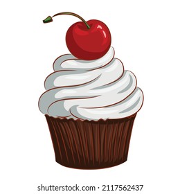 White cream cupcake with chocolate bisquit and cherry on top in hand drawn vector style