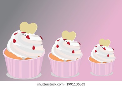 White cream cupcakes sprinkled with red and white heart shaped decorations with a gradient background of light pink and gray from small to large.