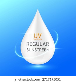 Queda de creme branco com anel circundante. Proteção UV de protetor solar regular com luz UVA UVB ataques ultravioleta. Para anúncios de produtos cosméticos. Conceito de assistência médica. Vetor.