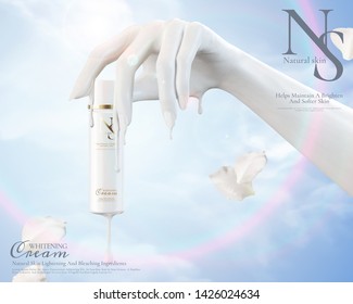 White cream hand holding cosmetic product on blue sky background in 3d illustration