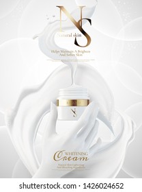 White cream jar ads with hands holding the product on splashing liquid background in 3d illustration