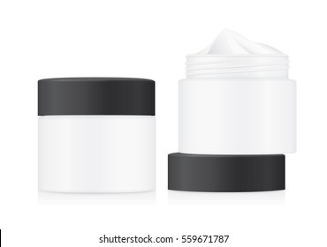 White cream jar with black lid isolated on white background. Ideal for mock up packaging.
