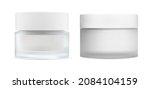White cream jar. Cosmetic cream glass package mockup. Skin blush care makeup powder product pack, round sample design. Beauty creme container, butter or scrub isolated blank