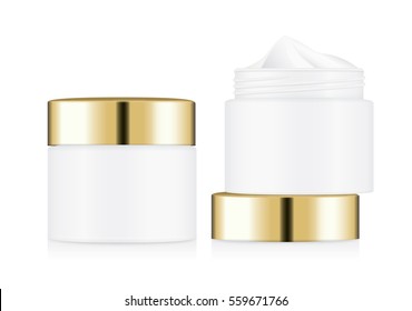 White cream jar with gold lid isolated on white background. Ideal for mock up packaging.
