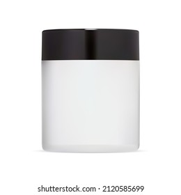 White cream jar mockup. White plastic cosmetic bottle with black cap. Round can for blush powder, shiny template. Skin scrub can, premium hand product illustration. Makeup cosmetic illustration