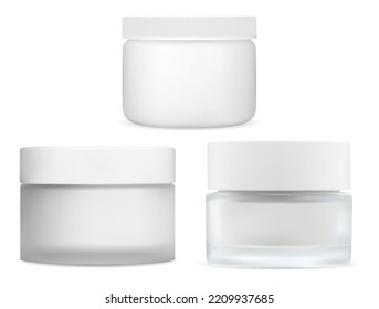 White cream jar mockup set, plastic cap. Round skin butter glass container, vector template. Face skin care cosmetic bottle, isolated creme pot or blush powder packaging brand design