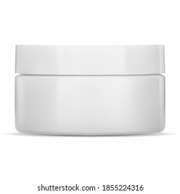 White cream jar. Plastic cosmetic container, vector mockup. Face skin care creme package, front view. Round clear glossy makeup pot for cover or logo. Isolated powder pack mockup