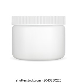 White cream jar, plastic cosmetic container, vector blank. Simple round package template mock up. Face powder bottle, skin care product on white background. Scrub or gel can