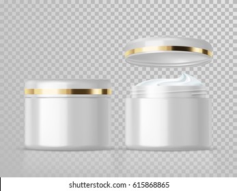White cream jar vector isolated template for skin care product. Open and closed face moisturizer lotion cosmetic package with open cap or lid on transparent background
