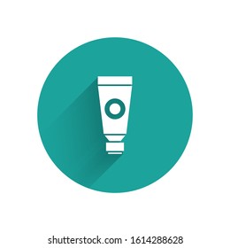 White Cream or lotion cosmetic tube icon isolated with long shadow. Body care products for men. Green circle button. Vector Illustration