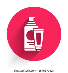 White Cream or lotion cosmetic tube icon isolated with long shadow. Body care products for men. Red circle button. Vector Illustration