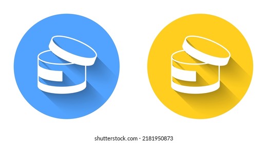 White Cream or lotion cosmetic tube icon isolated with long shadow background. Body care products for woman. Circle button. Vector