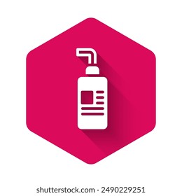 White Cream or lotion cosmetic tube icon isolated with long shadow background. Body care products for woman. Pink hexagon button. Vector
