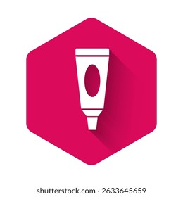 White Cream or lotion cosmetic tube icon isolated with long shadow. Body care products for men. Pink hexagon button. Vector Illustration