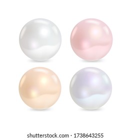 White, cream, pink and blue sea pearl on white background. Precious decoration. Vector illustration.