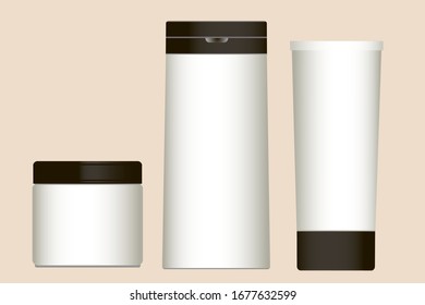 white cream and shampoo containers with black lids