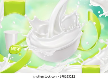 White Cream Splash. Yogurt, Sour Cream, Sauce. 3d Realistic Vector, Package Design