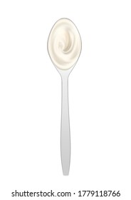 White cream in spoon, sour cream, mayonnaise or yogurt, milk sauce, dairy products.