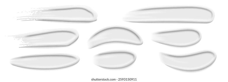 White cream swatches. Set of strokes of cosmetic product, creme, toothpaste, foundation, scrub, cleanser, liquid soap. Beauty industry. Realistic vector Illustration.