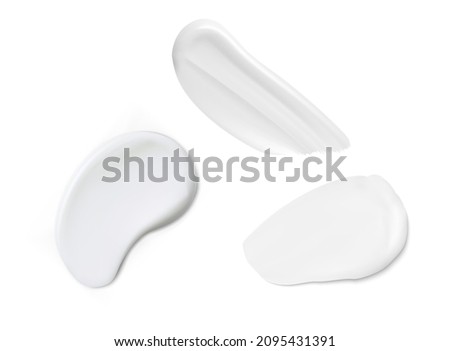 White cream texture. Cosmetic smear swatch, vector illustration. Isolated lotion drop illustration, smooth concealer set. Facial foundation makeup, round drop element