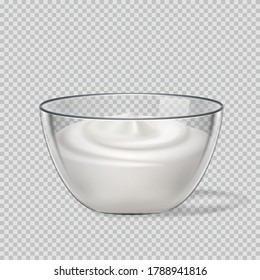 White cream in transparent glass bowl, yoghurt, mayonnaise or sour cream, vector dairy products, element for design and packaging. 