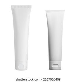 White cream tube. Cosmetic cream isolated package blank. Toothpaste container mockup isolated on white background. Realistic ointment packaging template, aftershave moisturizer