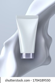 White cream tube isolated with creamy flowing substance. Vector 3d illustration. Cosmetic package mockup.