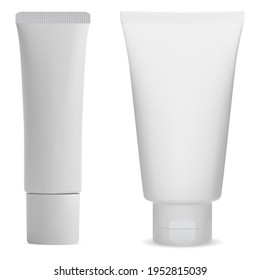 White cream tube side mockup. Tooth paste package blank. Facial care gel or lotion, realistic template illustration. Sauce tube with lid, no label. Scrub box mock up, isolated on white