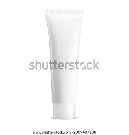 White cream tube. Thoothpaste package mockup blank. Cosmetic tube for gel or lotion. Realistic facial skin care cream bottle, plastic wrapper template, tall box illustration, glossy surface