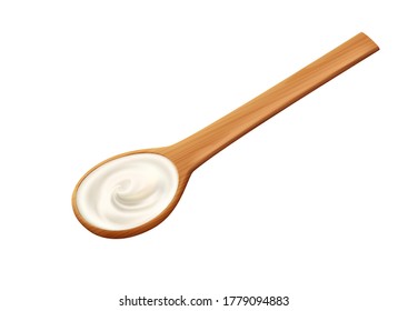 White cream in a wooden spoon, sour cream, mayonnaise or yoghurt, milk sauce, dairy products.
